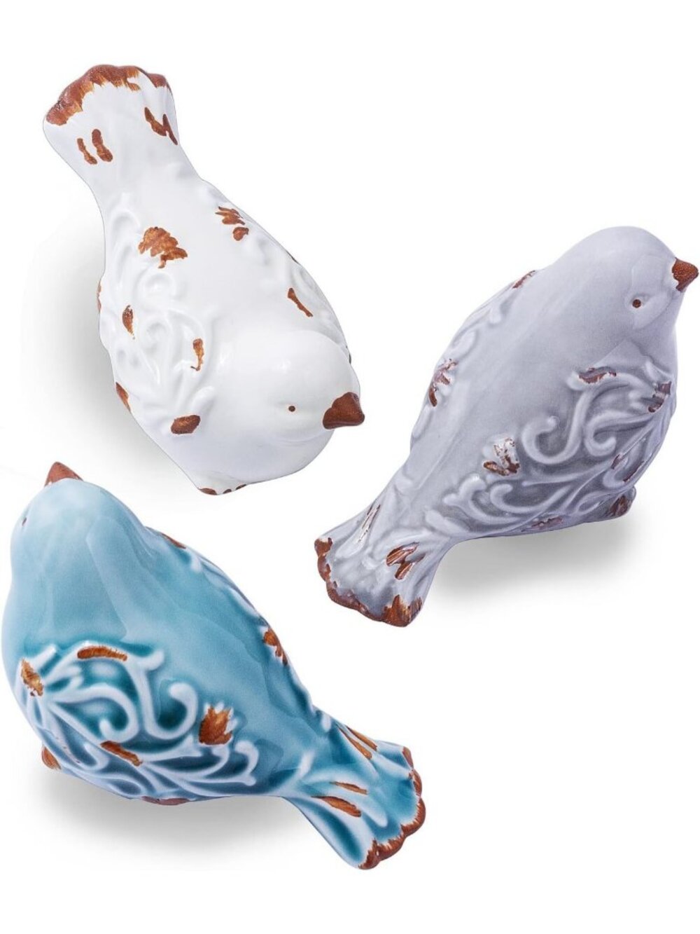 Distressed Ceramic Bird Figurines - Set of 3, Charming Home Decor Accents